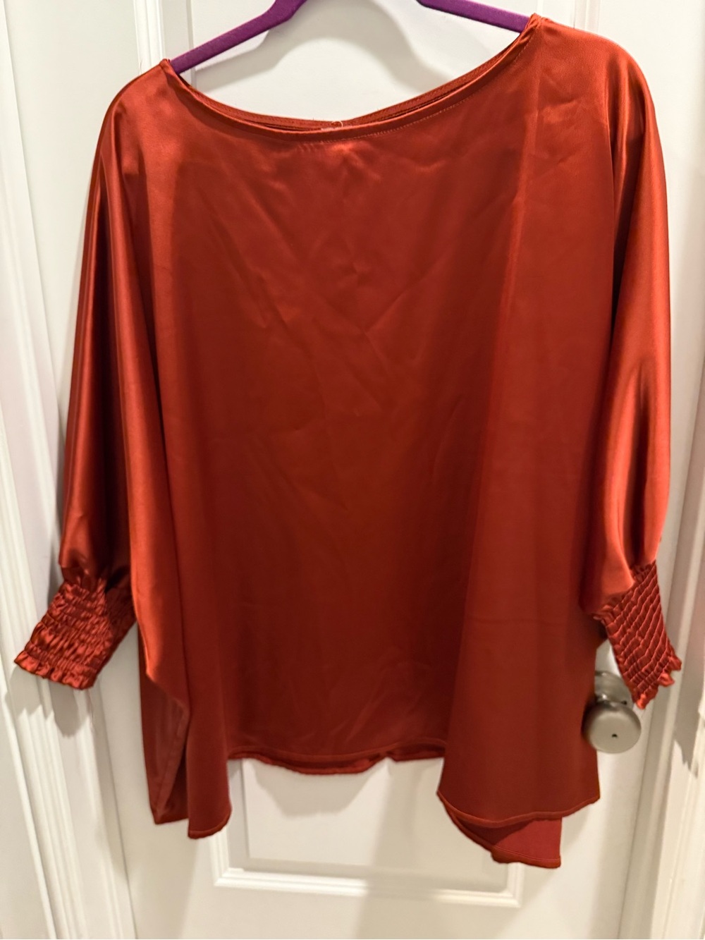 Relaxed Boatneck Satin Tunic in Rust with Smocked Cuffs